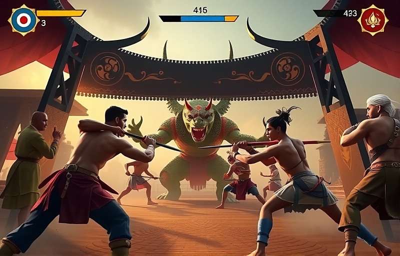 Karnataka Warriors Multiplayer Battle Karnataka Warriors multiplayer battle scene with players fighting together against mythical creatures